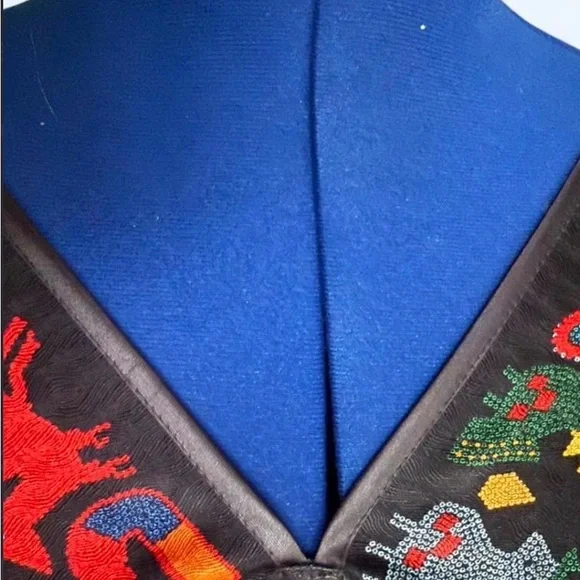 Pineda Covalin Mexico 100% Silk Poncho Huipil Huichol Spirit Pattern Black OS